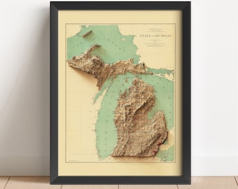 Vintage reliëfkaart Michigan, gebaseerd op origineel uit 1888 | Muurkunst en woondecoratie Michigan | Ingelijste print | Cadeau topografische kaart | GEEN 3D-KAART