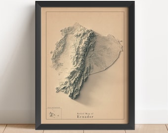 Ecuador Minimalist Relief Map | Ecuador Wall Art | Framed Ecuador Print | Antique Wall Decor | Topographic Map Gift | NOT A 3D MAP