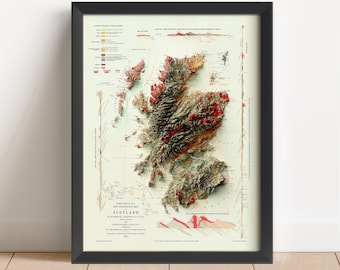 May include: A vintage, detailed, relief map of Scotland with a color-coded key showing different geological formations. The map is framed in black and has a white background.