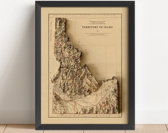 Idaho Vintage Relief Map, based on 1883 original | Idaho Wall Art & Home Decor | Framed Print | Topographic Map Gift | NOT A 3D MAP