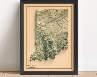 May include: A framed relief map of Indiana with a vintage aesthetic. The map is printed on a beige background with a green topographic representation of the state's terrain. The frame is black and the text "Relief Map of Indiana" is printed below the map.