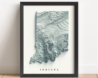 May include: A framed print of a 3D topographic map of Indiana. The map is in shades of blue and grey, with the state's name printed below.