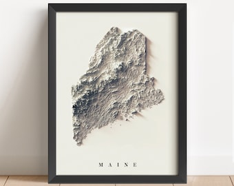 May include: A black framed print of a 3D topographic map of the state of Maine. The map is in shades of gray and white, with the text "MAINE" printed below the map.