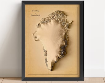 Puede incluir: Un mapa en relieve enmarcado de Groenlandia con el título "Relief Map of Greenland" impreso en texto negro sobre un fondo beige.
