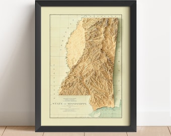 Mapa reliefowa Missisipi Vintage, oparta na oryginale z 1878 r. | Sztuka ścienna i wystrój wnętrz | Oprawiony wydruk | Prezent w postaci mapy topograficznej | NIE JEST TO MAPA 3D