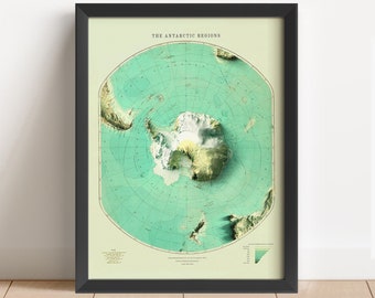 May include: A vintage map of the Antarctic Regions, printed in green and brown tones, with a black frame. The map shows the continent of Antarctica surrounded by the Southern Ocean. The map is titled "The Antarctic Regions".