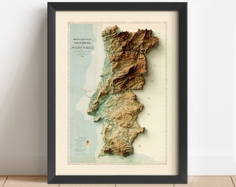May include: A vintage-style topographic map of Portugal in a black frame. The map shows the country's terrain in shades of brown, green, and blue. The title "Carta Hypsometrica de Portugal" is printed at the top of the map.