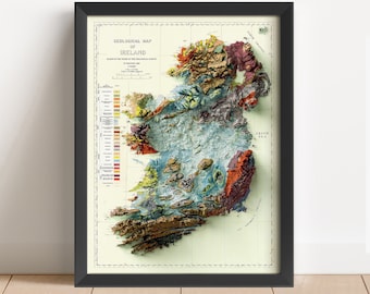 Può includere: Una mappa geologica vintage dell'Irlanda con un effetto 3D. La mappa è stampata in tonalità di marrone, verde, blu e rosso e mostra le diverse formazioni geologiche dell'isola. La mappa è incorniciata in nero.
