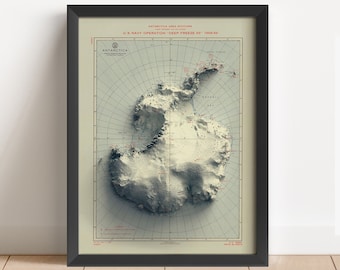 May include: A vintage map of Antarctica with a 3D effect, showing the continent's topography. The map is titled "Antarctica Area Stations" and "U.S. Navy Operation "Deep Freeze 69' 1968-69".