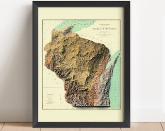 Puede incluir: Un mapa en relieve vintage y detallado del estado de Wisconsin. El mapa está impreso en tonos de marrón, verde y azul, con un marco negro. El mapa muestra la topografía del estado, con las elevaciones más altas representadas en tonos de marrón más oscuros.
