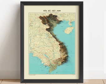 Mapa en relieve vintage de Vietnam, basado en el original de 1966 / Arte mural y decoración del hogar de Vietnam / Impresión enmarcada / Regalo de mapa topográfico / NO ES UN MAPA 3D