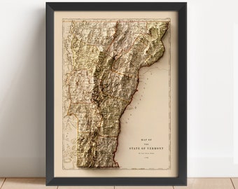 Historische Reliefkarte von Vermont, basierend auf dem Original von 1796 | Wandbild & Dekoration für Vermont | Gerahmter Druck | Topografische Karte als Geschenk | KEINE 3D-KARTE