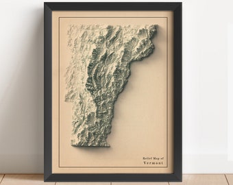 Könnte beinhalten: Eine gerahmte Reliefkarte von Vermont, die die Topographie des Bundesstaates in einem 3D-Stil zeigt. Die Karte ist auf einem beigefarbenen Hintergrund gedruckt und hat einen schwarzen Rahmen.