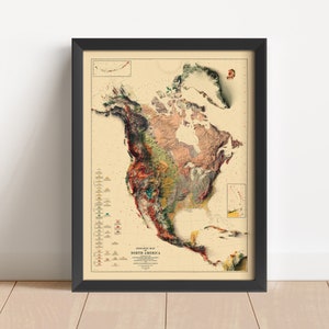 Nordamerika Vintage Reliefkarte, basierend auf der Vorlage von 1911 | Mittelamerika Reliefkarte | Wand Kunst & Home Decor | Geschenk | KEINE 3D-KARTE