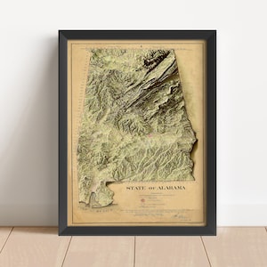 Carte en relief vintage de l'Alabama, basée sur l'original de 1866 | Art mural et décoration intérieure de l'Alabama | Impression encadrée | Carte topographique en cadeau | PAS UNE CARTE 3D