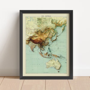 Carte en relief vintage d'Asie et d'Australie, basée sur l'original de 1963 | Art mural | Décoration d'intérieur | Impression encadrée | Carte topographique en cadeau | PAS UNE CARTE 3D