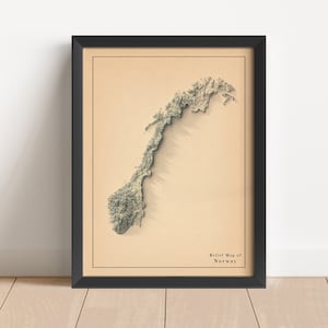 Norwegen Minimalistische Reliefkarte | Norwegen Wandkunst | Norwegen gerahmter Druck | Antikes Wanddekor | Topographische Karte Geschenk | KEINE 3D-KARTE