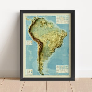 Südamerika Vintage Reliefkarte, basierend auf dem Original von 1942 | Wand Kunst & Home Decor | Gerahmter Druck | Topographische Karte Geschenk | KEINE 3D-KARTE