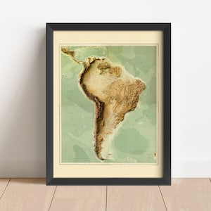 Südamerika Vintage Reliefkarte, basierend auf dem Original von 1907 | Wand Kunst & Home Decor | Gerahmter Druck | Topographische Karte Geschenk | KEINE 3D-KARTE