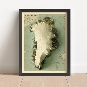 Grönland Vintage Reliefkarte, basierend auf der Vorlage von 1963 | Grönland Wall Art & Home Decor | Gerahmter Druck | Topographische Karte Geschenk | KEINE 3D-KARTE