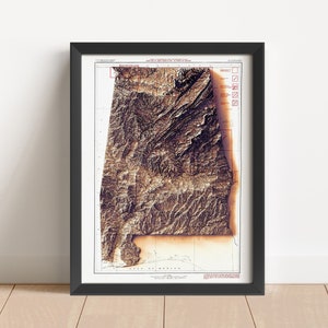 Mapa en relieve vintage de Alabama, basado en el original de 1925 / Arte mural y decoración del hogar de Alabama / Impresión enmarcada / Regalo de mapa topográfico / NO ES UN MAPA 3D