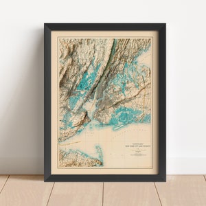 New York City Vintage Reliefkarte, basierend auf Original von 1899 | NY Wall Art & Home Dekor | Gerahmter Druck | Topographische Karte Geschenk | KEINE 3D-KARTE