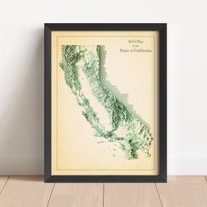 Minimalistische reliëfkaart Californië | Muurkunst Californië | Ingelijste Californië-print | Antieke wanddecoratie | Cadeau topografische kaart | GEEN 3D-KAART