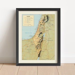 Israel Vintage Relief Landkarte, basierend auf Original von 1988 | Israel Wand Kunst & Home Decor | Gerahmter Druck | Topographische Karte Geschenk | KEINE 3D-KARTE