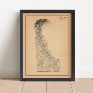 Minimalistische reliëfkaart van Delaware | Delaware kunst aan de muur | Ingelijste Delaware-print | Antieke wanddecoratie | Cadeau topografische kaart | GEEN 3D-KAART
