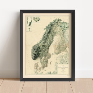 Carte en relief vintage de la Scandinavie, basée sur l'original de 1888 | Art mural et décoration d'intérieur | Impression encadrée | Carte topographique en cadeau | PAS UNE CARTE 3D