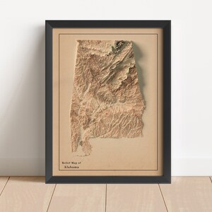 Mapa minimalista em relevo do Alabama | Arte de parede do Alabama | Impressão emoldurada do Alabama | Decoração de parede antiga | Presente com mapa topográfico | NÃO É UM MAPA 3D