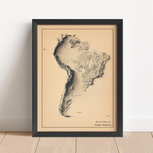 Südamerika Minimalistische Reliefkarte | Südamerika Wandkunst | Gerahmter Druck | Antikes Wanddekor | Topographische Karte Geschenk | KEINE 3D-KARTE
