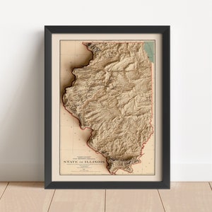 illinois Vintage Relief-Karte, basierend auf dem Original von 1911 | Illinois Wand Kunst & Wohnkultur | Gerahmter Druck | Topographische Karte Geschenk | KEINE 3D-KARTE