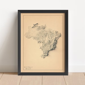 Brasilien Minimalistische Reliefkarte | Brasilien Wandkunst | Gerahmte Brasilien Poster | Antikes Wanddekor | Topographische Karte Geschenk | KEINE 3D-KARTE