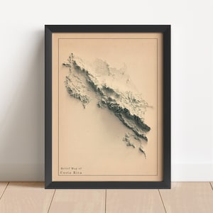 Costa Rica Minimalistische Reliefkarte | Costa Rica Wand Kunst | Gerahmter Costa Rica Druck | Antikes Wanddekor | Topographische Karte Geschenk | KEINE 3D-KARTE