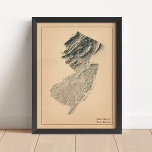 New Jersey Minimalistische Reliefkarte | New Jersey Wand Kunst | New Jersey gerahmter Druck | Antikes Wanddekor | Topographische Karte Geschenk | KEINE 3D-KARTE