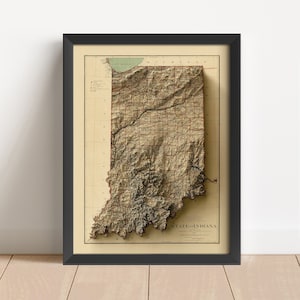 Vintage reliëfkaart Indiana, gebaseerd op origineel uit 1886 | Indiana muurkunst en woondecoratie | Ingelijste print | Cadeau topografische kaart | GEEN 3D-KAART