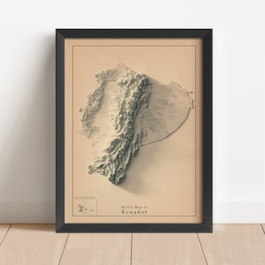 Carte en relief minimaliste de l'Équateur | Art mural de l'Équateur | Poster Équateur encadré | Décoration murale antique | Carte topographique en cadeau | PAS UNE CARTE 3D