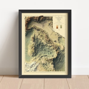 Italie Carte bathymétrique en relief vintage, basée sur l'original de 1888 | Art mural et décoration d'intérieur | Impression encadrée | Carte topographique en cadeau | PAS UNE CARTE 3D