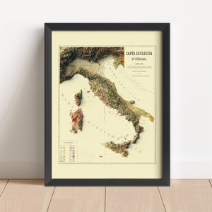 Mappa geologica d'epoca in rilievo dell'Italia, basata sull'originale del 1880 / Arte murale e arredamento per la casa in Italia / Stampa topografica incorniciata / NON È UNA MAPPA 3D