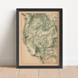 Minimalistische reliëfkaart West-VS | Muurkunst westelijke Verenigde Staten | Antieke wanddecoratie | Cadeau topografische kaart | GEEN 3D-KAART