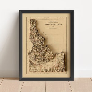 Idaho Vintage Reliefkarte, basierend auf Original von 1883 | Idaho Wand Kunst & Home Decor | Gerahmter Druck | Topographische Karte Geschenk | KEINE 3D-KARTE