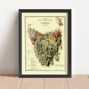 Tasmania (Australia) Vintage Relief Map, based on 1884 original | Wall Art & Home Decor | Framed Print | Topographic Map Gift | NOT A 3D MAP