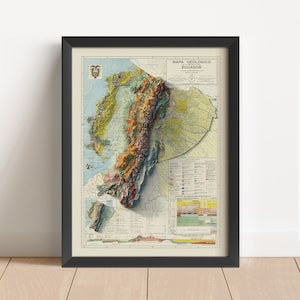 Carte géologique en relief vintage de l'Équateur, basée sur l'original de 1969 | Cadeau d'art mural et de décoration intérieure de l'Équateur | Impression encadrée topographique | PAS UNE CARTE 3D