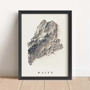 Maine minimalistische Reliefkarte | Maine Wandkunst | Maine gerahmter Druck | Antikes Wanddekor | Topographische Karte Geschenk | KEINE 3D-KARTE