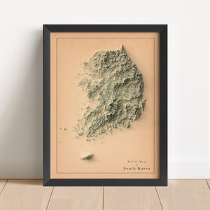 Süd-Korea Minimalistische Reliefkarte | Südkorea Wandkunst | Gerahmter Druck | Antikes Wanddekor | Topographische Karte Geschenk | KEINE 3D-KARTE