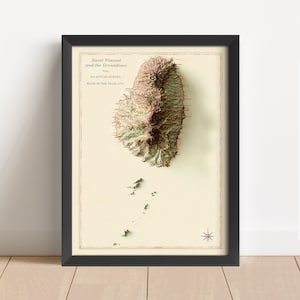 Vintage reliëfkaart Saint Vincent en de Grenadines, gebaseerd op het origineel uit 1773 | Muurkunst en woondecoratie | Cadeau topografische kaart | GEEN 3D-KAART