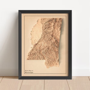 Mississippi Minimalistische Reliefkarte | Mississippi Wandkunst | Gerahmter Druck | Antikes Wanddekor | Topographische Karte Geschenk | KEINE 3D-KARTE