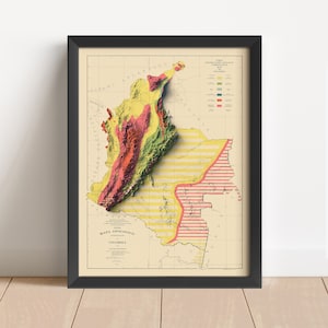 Kolumbien Vintage Reliefkarte, basierend auf der Original 1943 | Kolumbien Wand Kunst & Home Decor | Gerahmter Druck | Topographische Karte Geschenk | KEINE 3D-KARTE