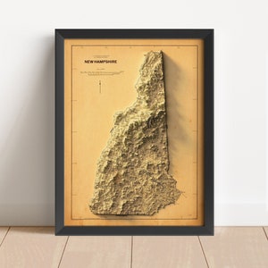 New Hampshire Vintage Relief-Karte, basierend auf Original von 1985 | Libanon Wand Kunst & Wohnkultur gerahmter Druck | Topographische Karte Geschenk | KEINE 3D-KARTE